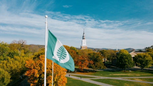 Aerial view of Dartmouth flag and Baker Tower