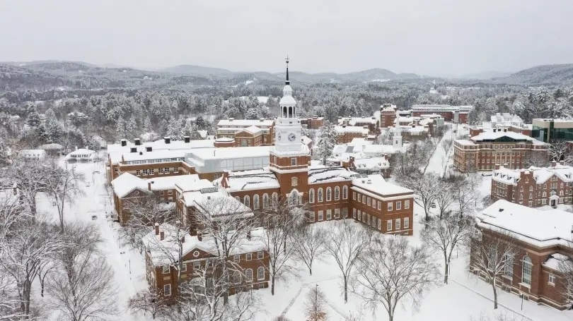 Drone photo of campus in the snow