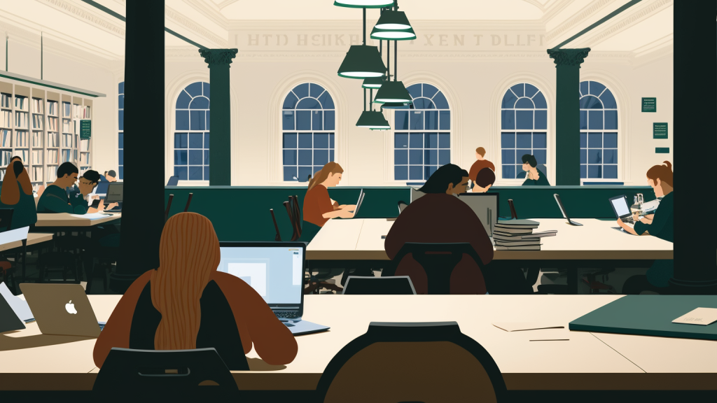 Illustration of Baker Library interior with students studying