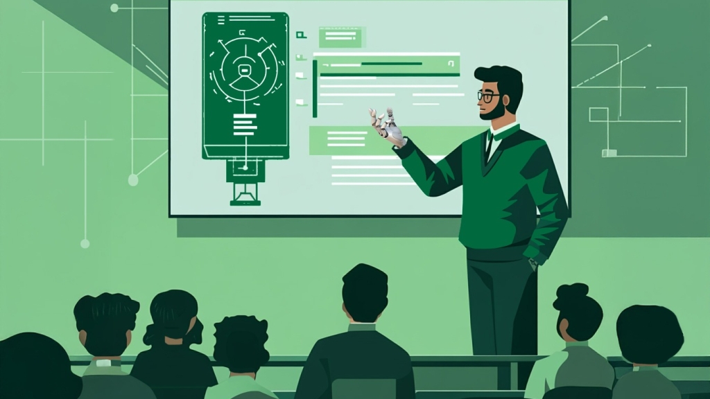 Illustration of a person with a robotic hand teaching